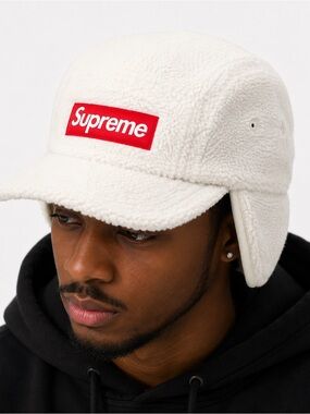 Supreme Cream Sherpa Earflap Camp Cap with Red Logo